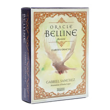 Cartes oracle belline revisited avec bordure ornementale dorée et colombe blanche en vol sur fond jaune doux