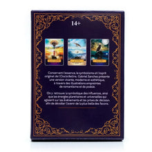 Boîte rectangulaire violette foncée avec bordure dorée ornementale et cartes oracle belline pour cartes oracle et déguisement carnaval