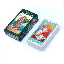 Jeu de cartes tarot lenormand multilingue vert et blanc avec cartes illustrées femme couronnée en tenue rouge déguisement carnaval