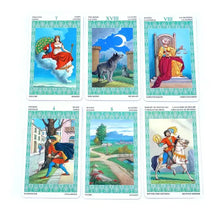 Set de six cartes de tarot lenormand multilingue avec bordures teal ornées et illustrations détaillées pour déguisement carnaval