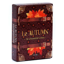 Boîte rectangulaire au revêtement marron foncé texturé avec feuilles dautomne orange rouge et ceintures en cuir pour tarot lenormand multilingue