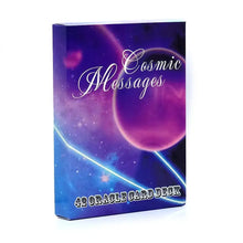 Boîte cosmique violette et bleue pour jeu oracle de 42 cartes cosmic messages dans tarot lenormand multilingue