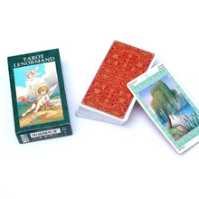 Boîte verte de cartes tarot lenormand multilingue avec illustration de chérubin et carte arbre de saule pleureur