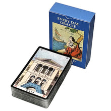 Jeu cartes tarot oracle italien bleu every day oracle avec illustrations bâtiment classique et femme au bord de la mer