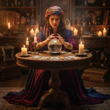 A clear spherical crystal ball on an ornate wooden table for oracle italien tarot oracle 52 pieces set