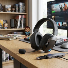 Casque micro gaming bluetooth usb noir et argent avec éclairage led bleu sur oreillette pour jeux vidéo