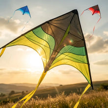 Cerf-volant delta de 160 cm avec ligne de 100 m, dégradé vert et jaune sur cadre noir, volant au coucher de soleil doré