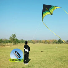 Cerf-volant delta de 160 cm vert et noir avec longue queue jaune volant dans le ciel dimensions annoncées parfait pour déguisement carnaval