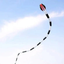Cerf-volant serpent géant en nylon de 55 m noir et blanc avec tête rouge et verte volant dans le ciel