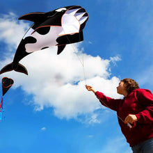 Cerf-volant orque noir et blanc avec enrouleur de 14 cm volant dans le ciel avec un bord orange vif