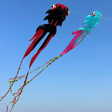 Deux cerfs-volants poisson géant 3d en forme de calmar colorés avec longueur totale annoncée de 10 m dans un terrain dégagé