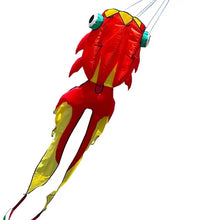 Cerf-volant poisson géant 3d avec queue de 10 m rouge et jaune à yeux teal, conçu pour terrain dégagé et longue durée