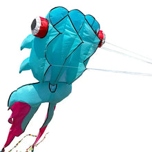 Cerf-volant poisson géant 3d turquoise et magenta avec yeux rouges et blancs et queue colorée de 10 m pour terrain dégagé