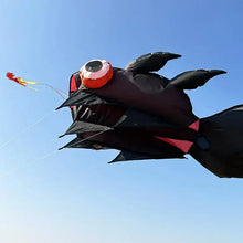 Cerf-volant poisson géant 3d en tissu léger noir avec grand œil rouge et accents roses longueur totale annoncée 10 m pour terrain dégagé