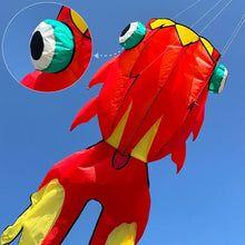 Cerf volant poisson géant 3d rouge et jaune avec yeux cartoon et queue de 10 m pour terrain dégagé et longueur totale annoncée