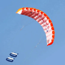 Cerf-volant souple acrobatique à deux lignes orange et blanc avec motifs circulaires rouge-orange sur 140 cm