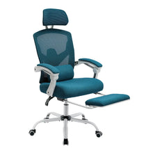 Chaise bureau pc ergonomique inclinable en maille et tissu teal avec repose-pieds, structure en métal argenté et roulettes