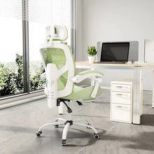 Chaise bureau pc ergonomique inclinable blanche et vert clair avec dossier en maille et accoudoirs réglables