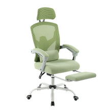Chaise bureau pc ergonomique inclinable vert clair en mesh et tissu avec appui-tete, accoudoirs et repose-pieds ajustables sur base blanche