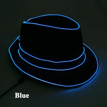 Chapeau fedora lumineux noir avec lumières led bleues au bord et sur la couronne pour fêtes et halloween