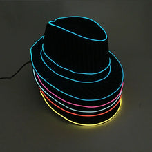 Chapeau fedora lumineux noir à contours en néon bleu rose rouge et jaune idéal pour fêtes et halloween