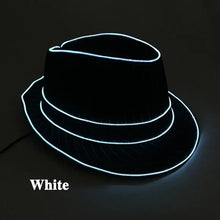 Chapeau fedora lumineux noir avec bandes led blanches éclairant le bord et la calotte pour fêtes et halloween