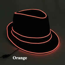 Chapeau fedora lumineux noir avec contour led orange pour fêtes et halloween, style fedora lumineux élégant