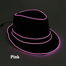 Chapeau fedora lumineux noir avec leds roses éclatantes sur bord et couronne pour fêtes et Halloween