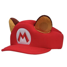 Chapeau super mario raton laveur rouge en peluche avec oreilles marron et beige et logo m blanc brode