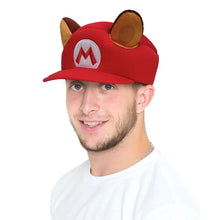 Chapeau Super Mario raton laveur rouge avec oreilles en peluche marron et logo M blanc brodé