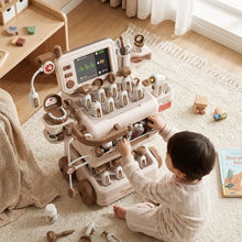 Chariot médical beige et marron en plastique avec écran digital et 52 pièces pour consultation imaginaire enfant variante blanche possible