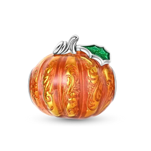 Charms halloween en argent 925 en forme de citrouille orange ornée de zircons cubiques et feuille verte