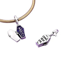 Charms halloween en argent 925 en forme de cercueil avec intérieur violet et inscriptions living dead girl motifs variés selon zircons cubiques