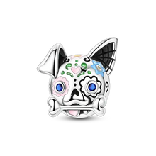 Charms halloween en argent 925 avec pendant chien tête de mort en émail coloré et yeux en zircons cubiques bleus