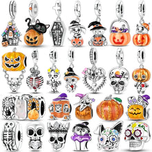 Charms halloween en argent 925 avec motifs variés selon citrouilles sorcières et zircons cubiques colorés