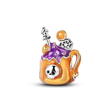 Charms halloween en argent 925 avec mug doré, glaçage violet, motifs variés et zircons cubiques selon usage