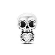 Charms halloween en argent 925 avec pendentif squelette argent tenant un cristal en forme de coeur ornée de zircons cubiques