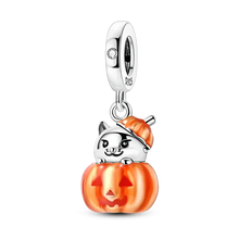 Charms halloween en argent 925 avec chat argenté et chapeau citrouille en zircons cubiques selon motifs variés selon
