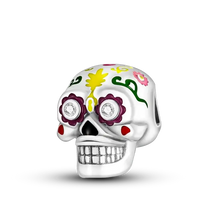 Charme halloween en argent 925 en forme de tête de mort blanc avec motifs variés selon et yeux en zircons cubiques