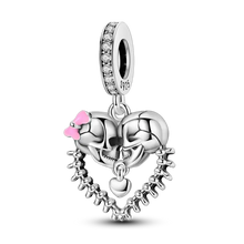 Charme coeur crâne argent 925 avec nœud rose, chaîne os pendante et zircon cubiques selon pour bracelets halloween