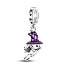 Charme halloween en argent 925 en forme de sorcière violet avec corps et chapeau argenté ornés de motifs variés selon zircons cubiques