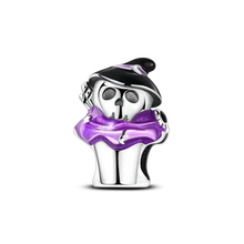 Charme squelette en argent 925 avec chapeau de sorcière noir et émail violet, motifs variés selon design halloween