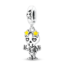 Charme squelette en argent 925 avec yeux en forme de cœur et accents étoiles jaunes orné de zircons cubiques pour bracelets halloween