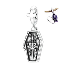 Coffret charme en argent 925 en forme de cercueil avec épée gravée et motifs variés selon pour bracelet halloween