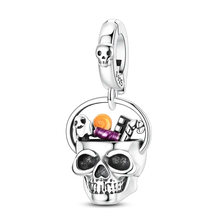 Charms halloween en argent 925 forme de tête de mort avec petits bonbons colorés et petit fantôme, zircons cubiques selon motifs variés selon