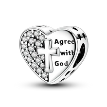 Charm en argent 925 en forme de cœur avec croix et inscription agree with god orné de zircons cubiques selon motifs variés