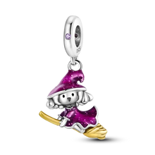 Charme sorcière violet pailleté avec accents argent 925 et balai doré pour bracelets pandora avec zircons cubiques selon motifs variés selon