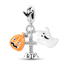 Bracelet charme halloween en argent 925 avec motifs variés selon citrouille fantôme chauve-souris et croix rip avec zircons cubiques