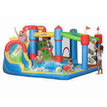 Château gonflable avec piscine pour enfants en bleu, rouge, vert et jaune idéal pour magasins de jouets et carnaval