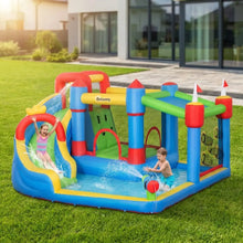 Château gonflable avec piscine pour enfants en sections colorées rouge bleu vert et jaune idéal magasins de jouets